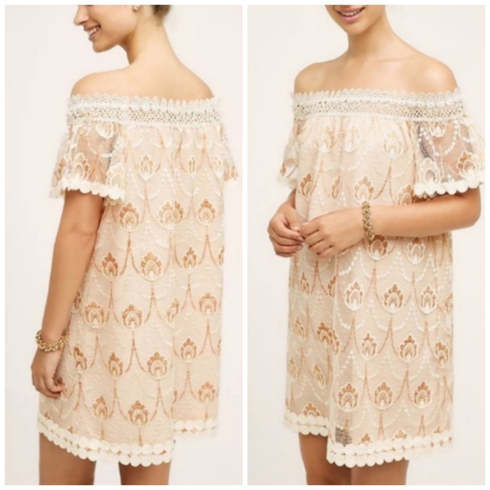 Anthropologie Lace Off the Shoulder Cream Peach Dress - Picture 3 of 7